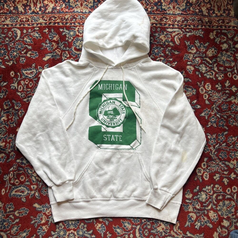 Bassett Walker L Vtg 70s 80s Hoodie Sweatshirt Distressed Michigan State Spartan